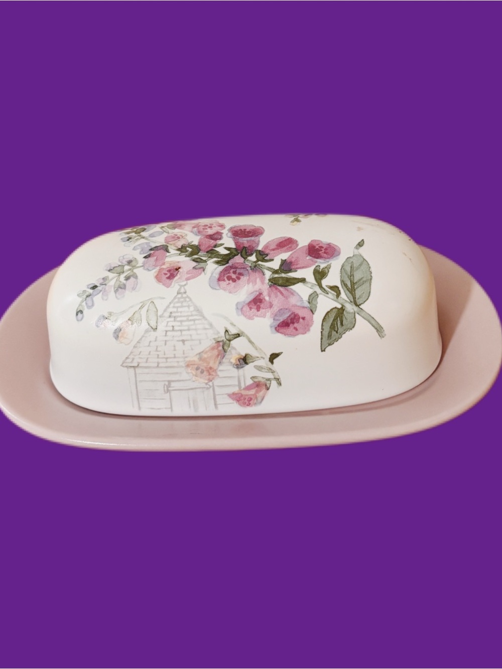 Pfaltzgraff Cape May Ceramic Butter Dish in Shades of Lavender and Pink